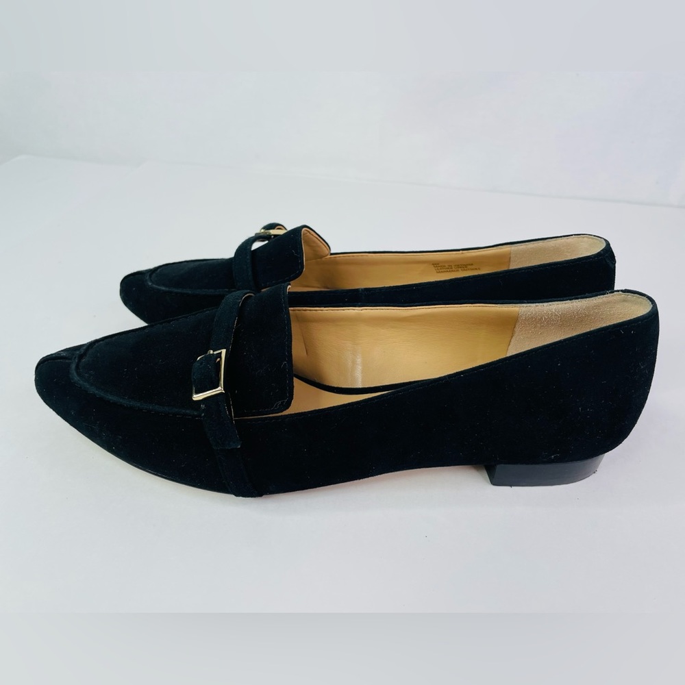 Talbots sz 6 Women's Leather Pointy Flat Black Suede Shoes Gold Buckle Slide Ons